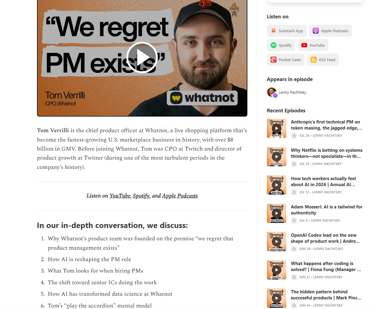 Lenny's Podcast episode page for Tom Verrilli, CPO of Whatnot, showing a guest bio with specific metrics, a numbered “In our in-depth conversation, we discuss” section.