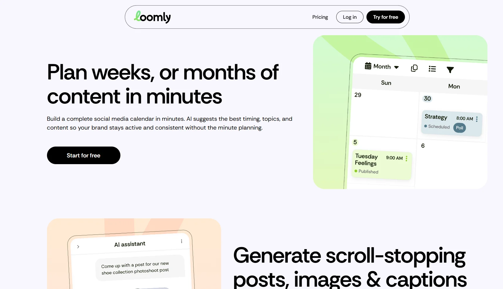 Loomly homepage showing AI-assisted social media content planning, with a monthly calendar view showing scheduled and published posts and an AI assistant panel for gener