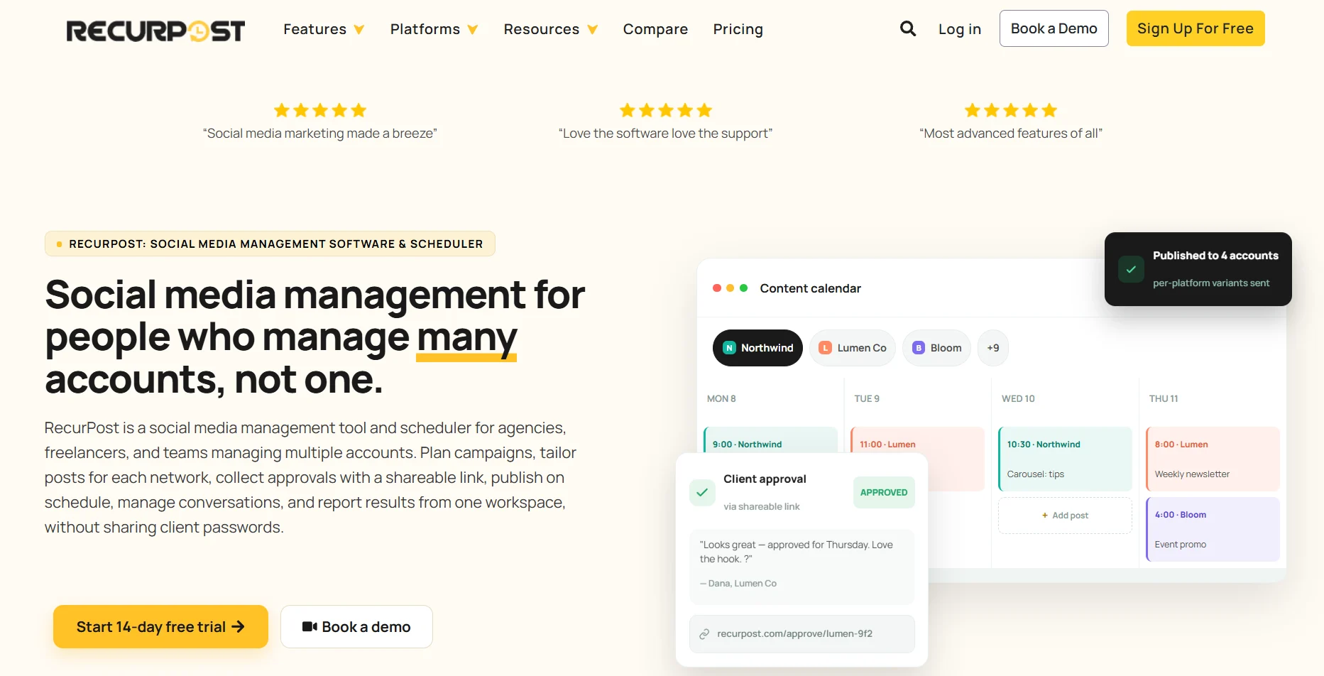 RecurPost homepage describing a social media management tool for agencies and teams handling multiple accounts, with a content calendar preview showing a client approval