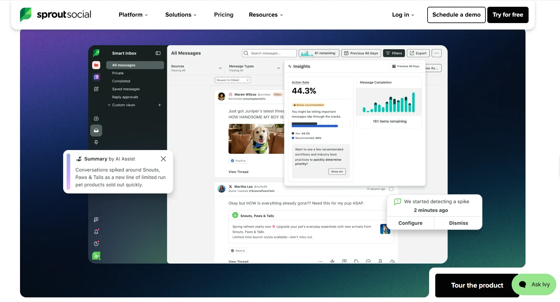 Sprout Social dashboard showing a Smart Inbox with unified messages, an AI-generated conversation summary, engagement insights with a 44.3% action rate, and a spike dete