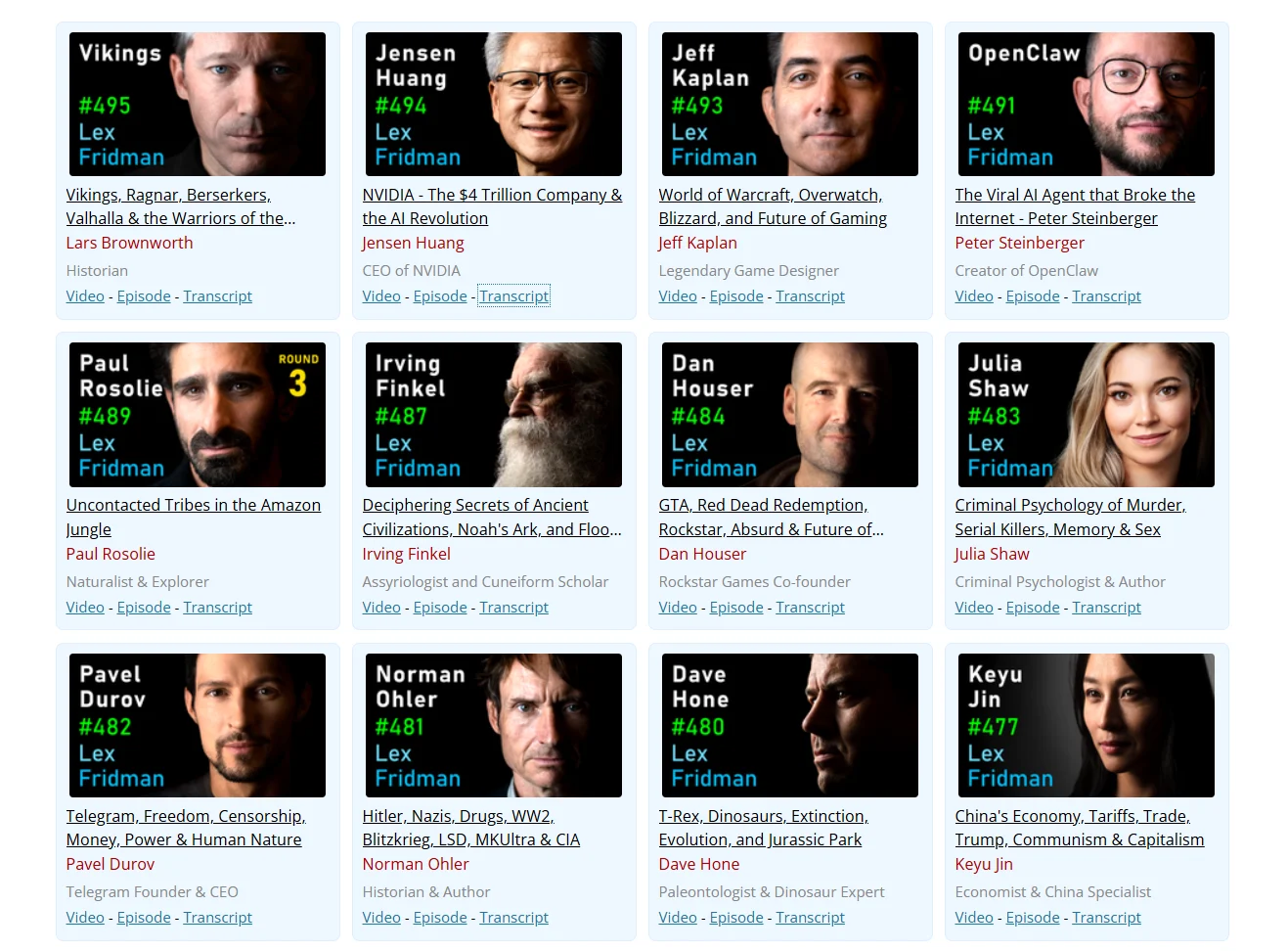 The Lex Fridman Podcast page showing podcast episode thumbnails with their video and transcript links.