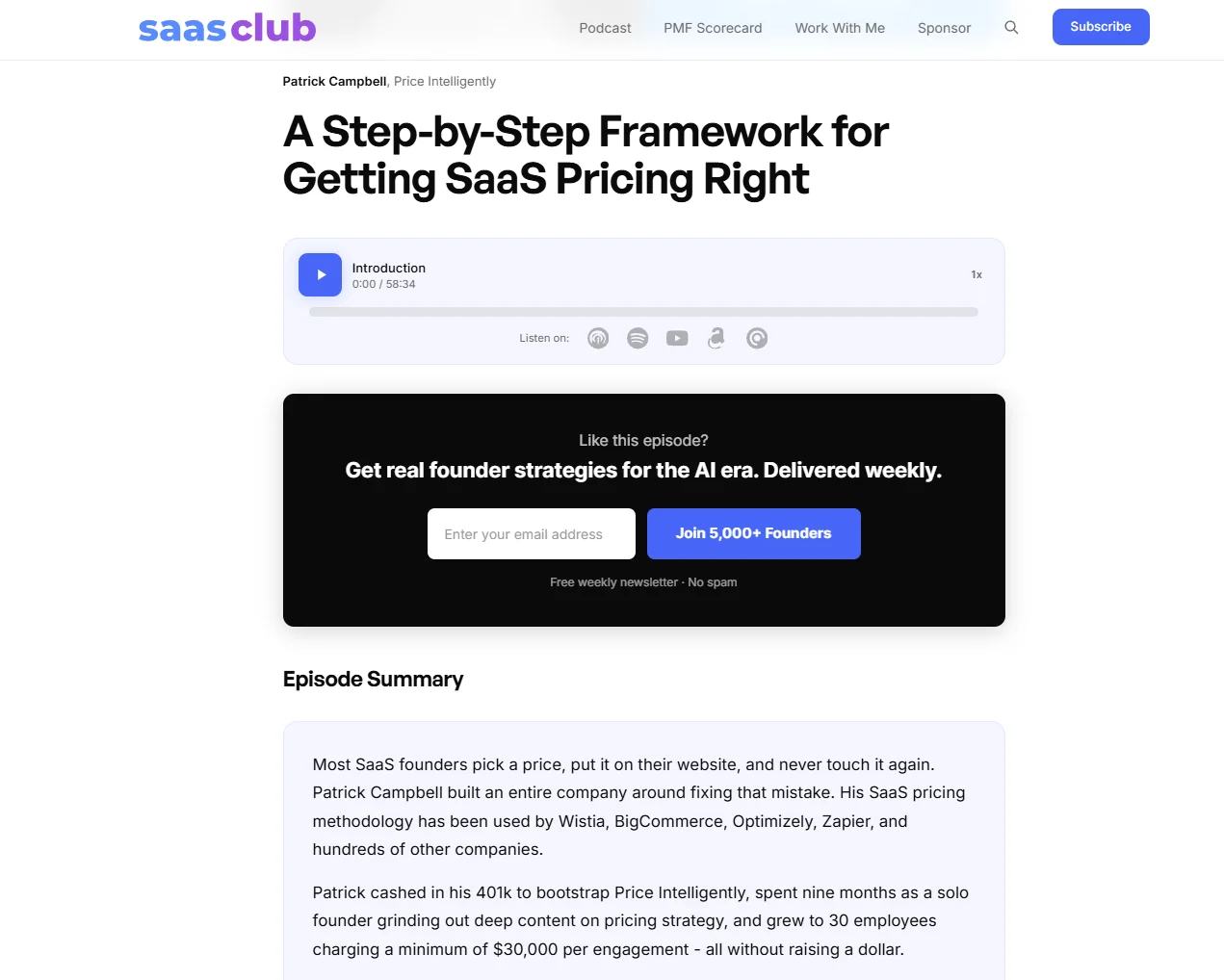 The episode page of the podcast “A step-by-step framework for getting SaaS pricing right” by SaaS Club.