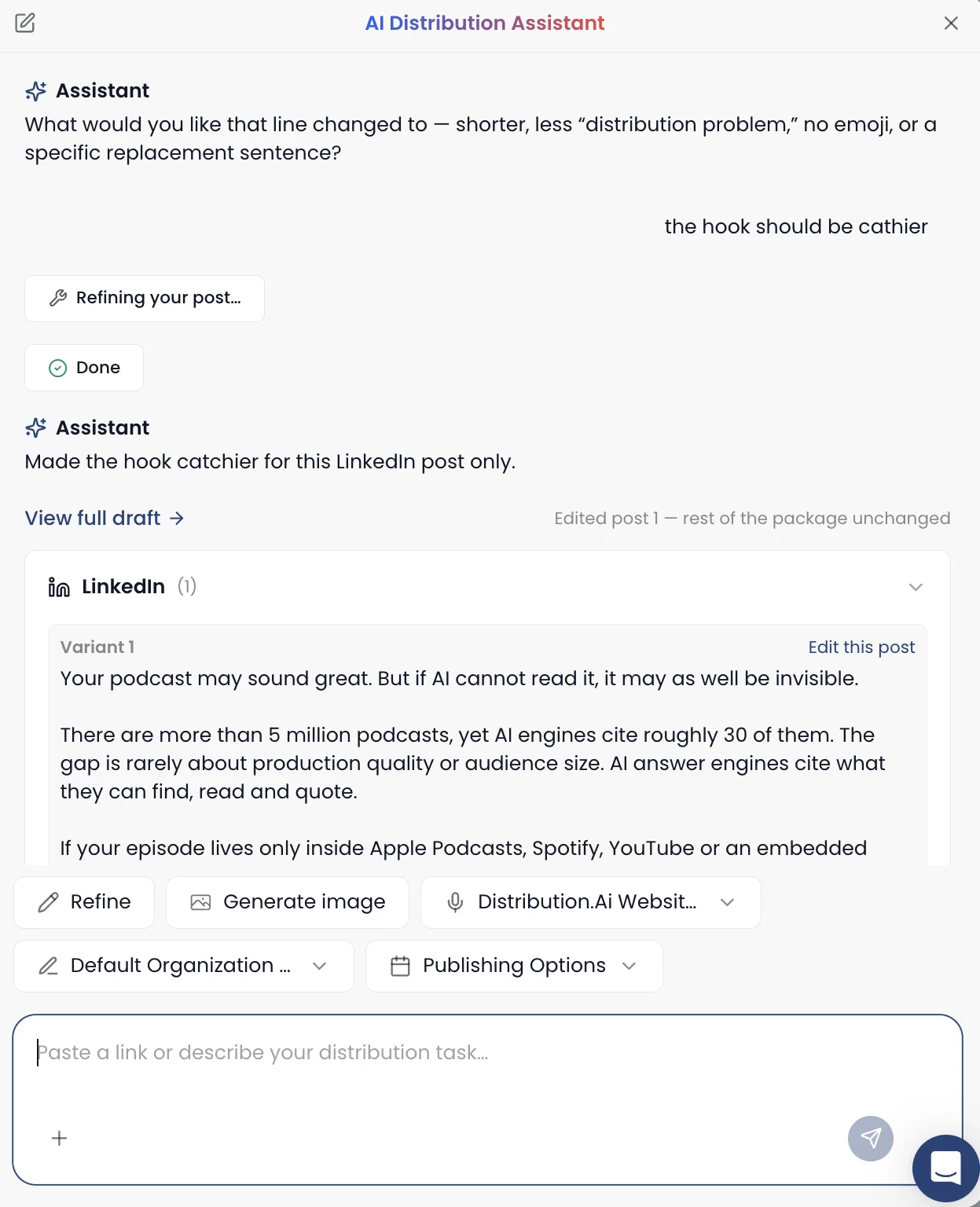Distribution.ai AI assistant rewriting a single line of a LinkedIn post