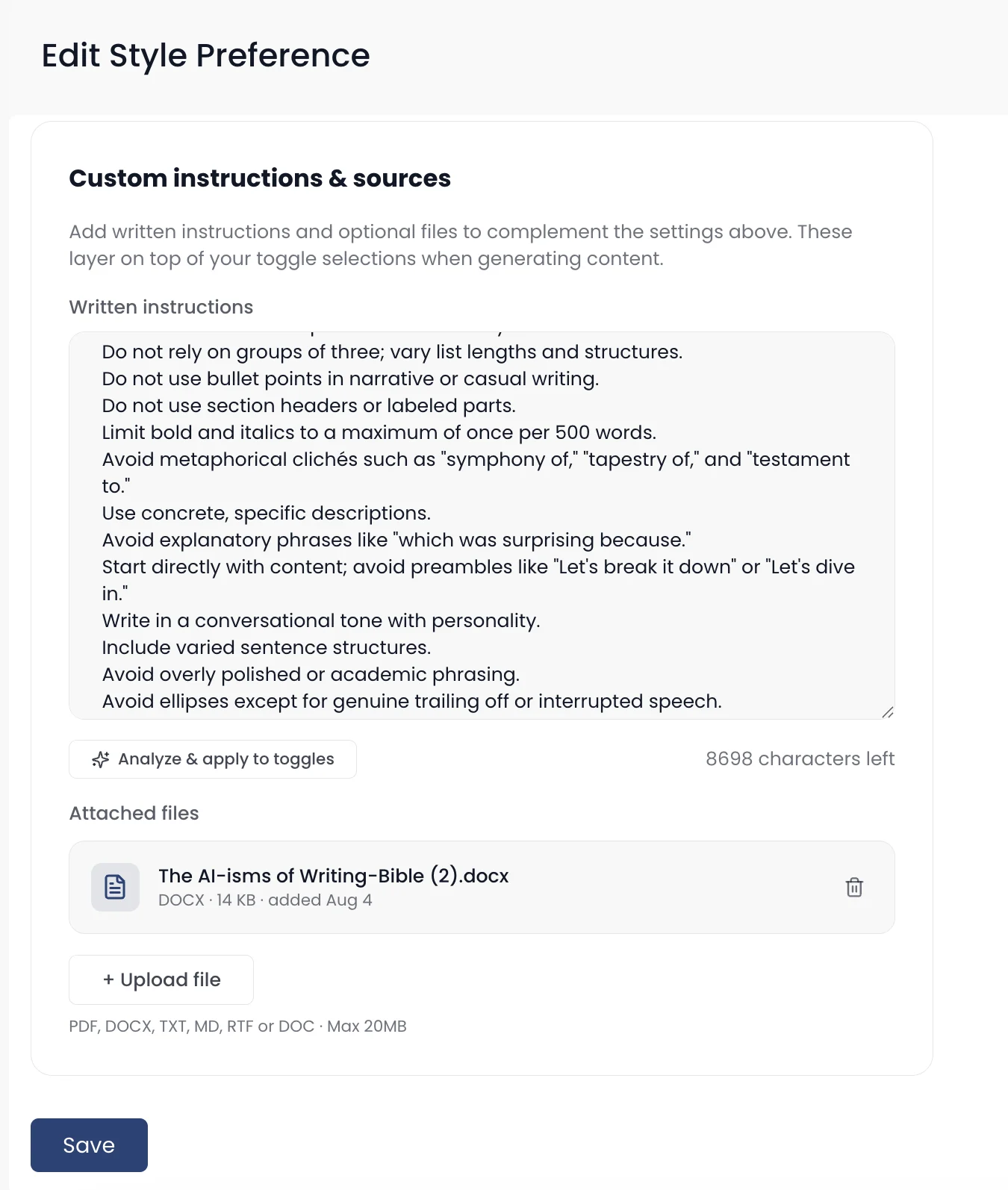 Custom writing instructions and file uploads in Distribution.ai Style Preferences