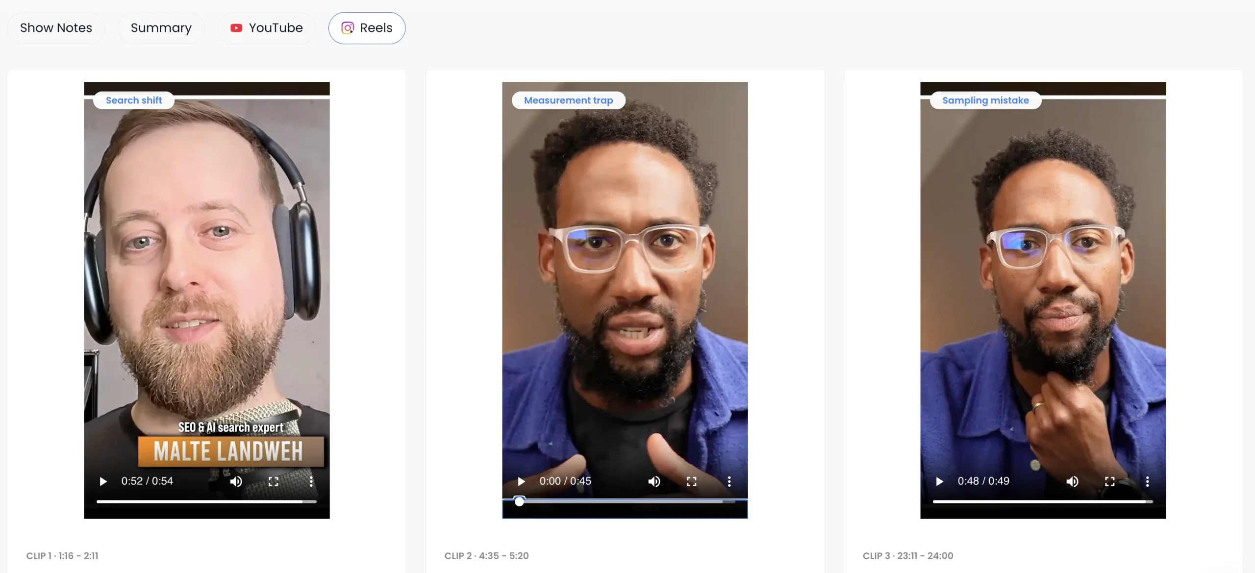 Three Instagram Reels clips generated from one long video in Distribution.ai August update