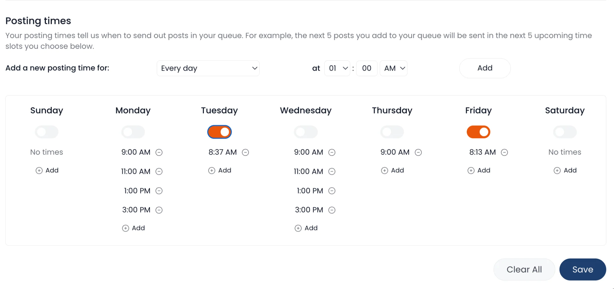 Editing weekly posting times in the Distribution.ai queue