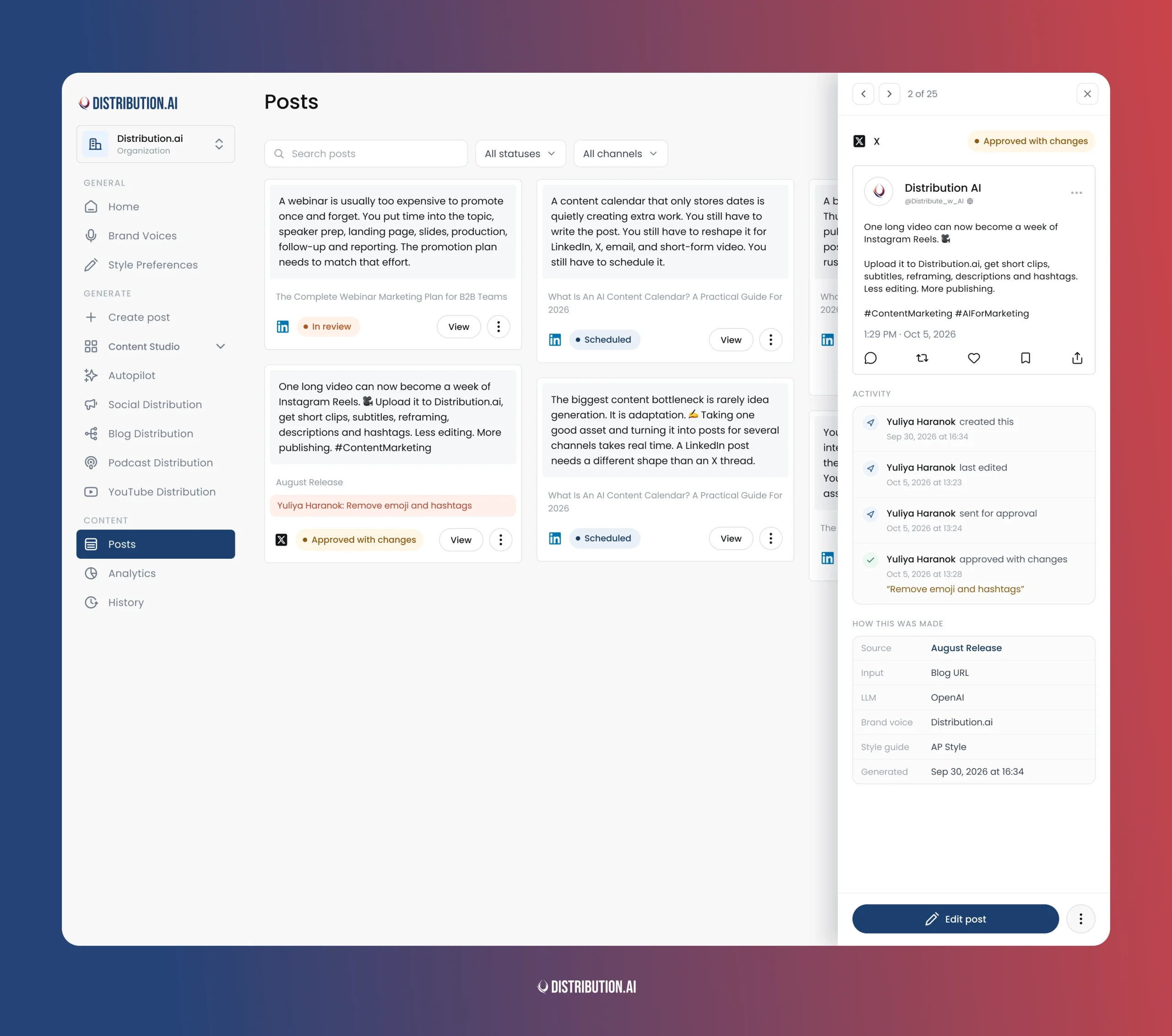 Posts page listing drafts with status labels. A side panel for one post shows its X preview and an activity log from creation to approval with changes.
