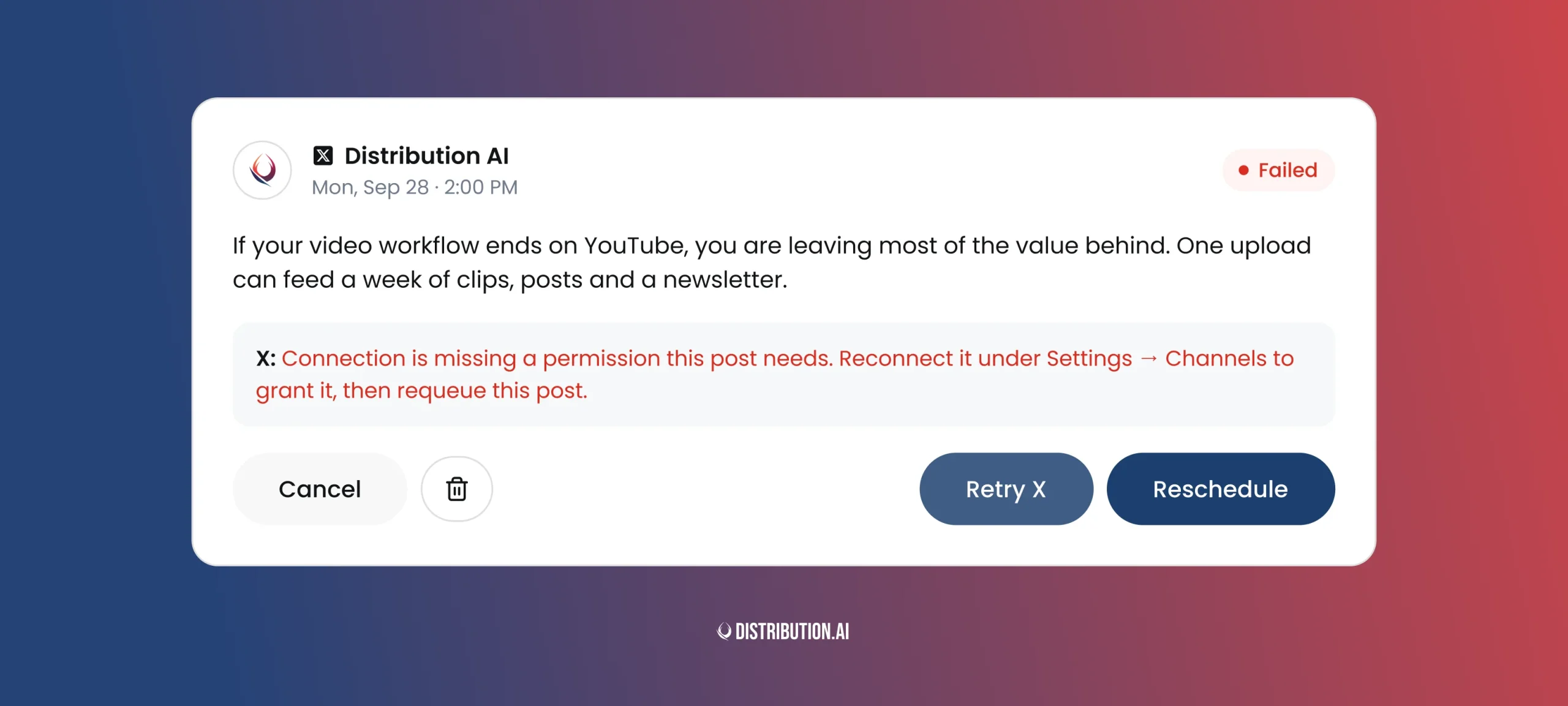 Clear errors description when a channel needs reconnecting