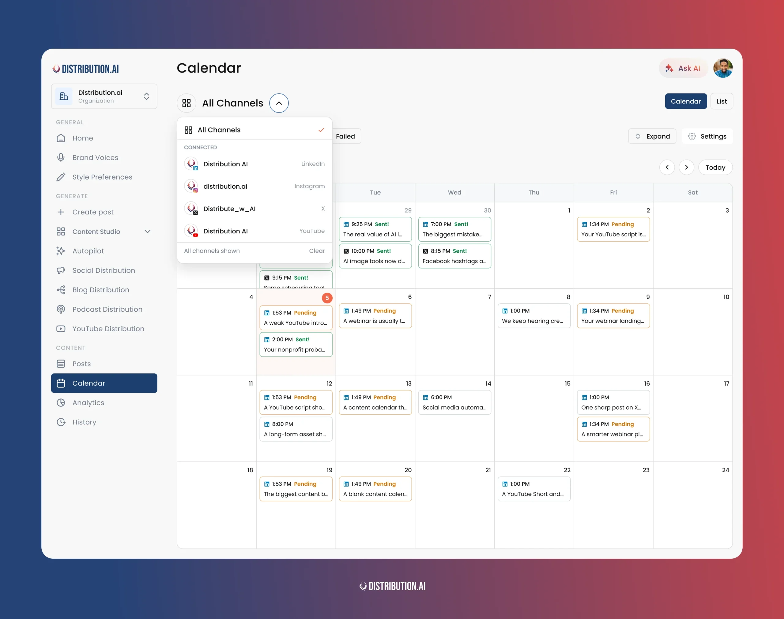 Content Calendar with the Pick Channels menu open, showing LinkedIn, Instagram, X and YouTube icons above a month of scheduled posts.