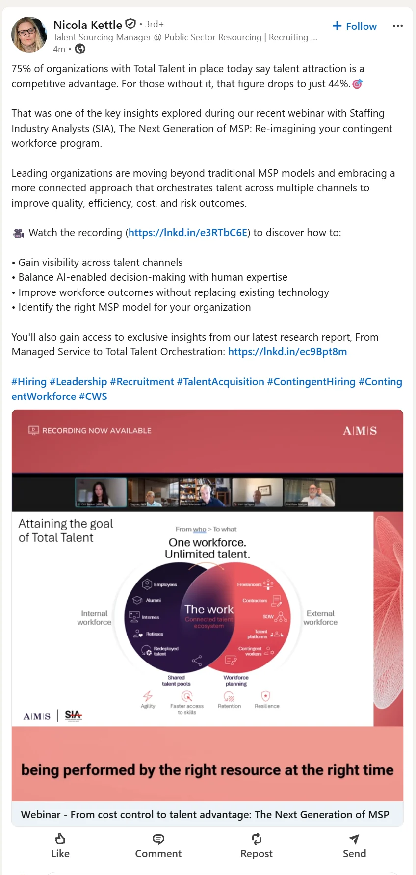 A LinkedIn post sharing a short clip from a webinar