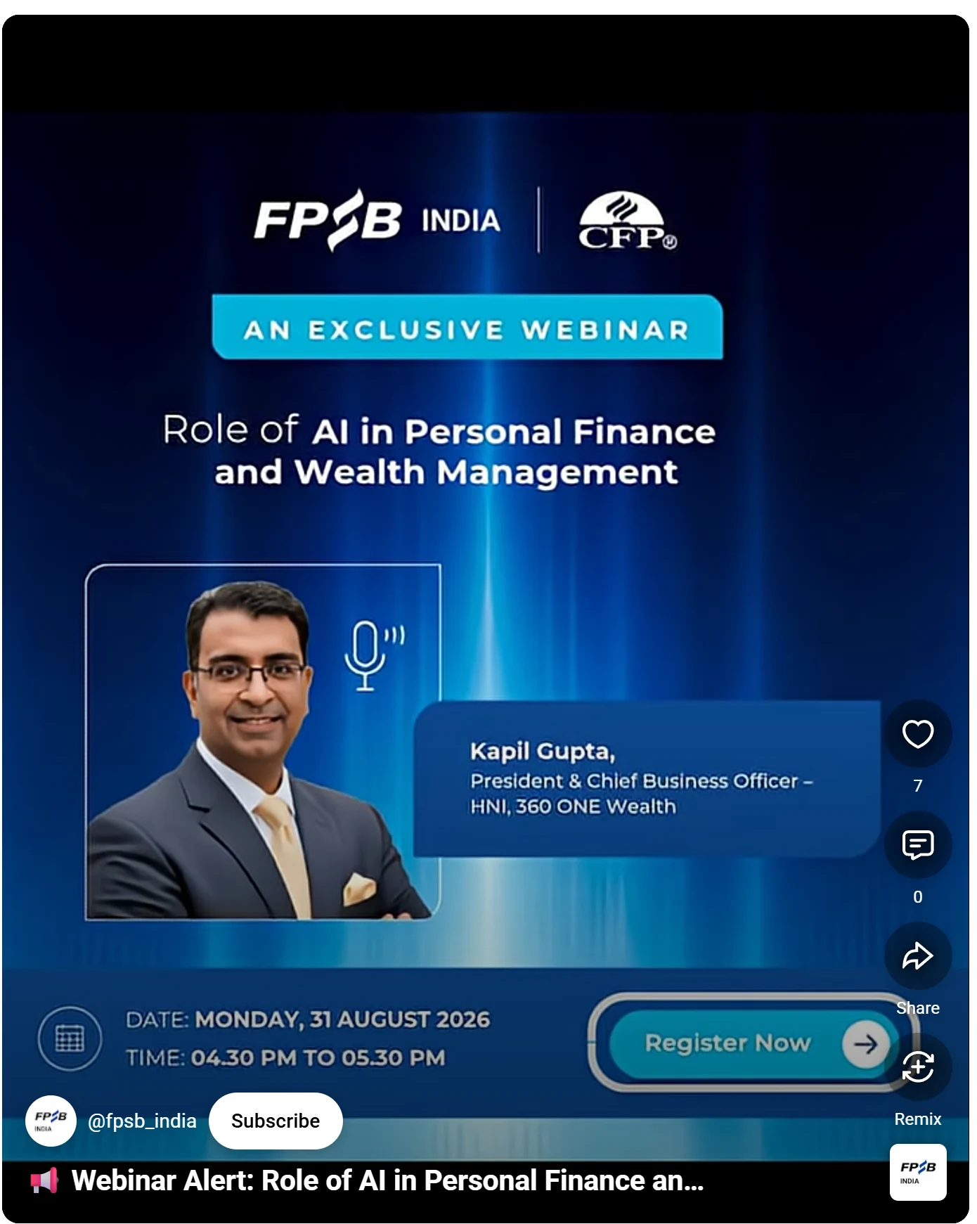 A YouTube short announcing a webinar about AI in personal finance