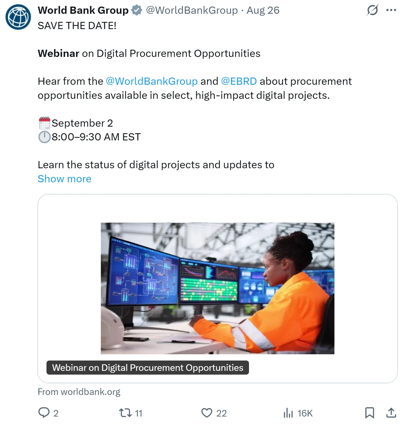 A webinar announcement from the World Bank Group on X about digital procurement