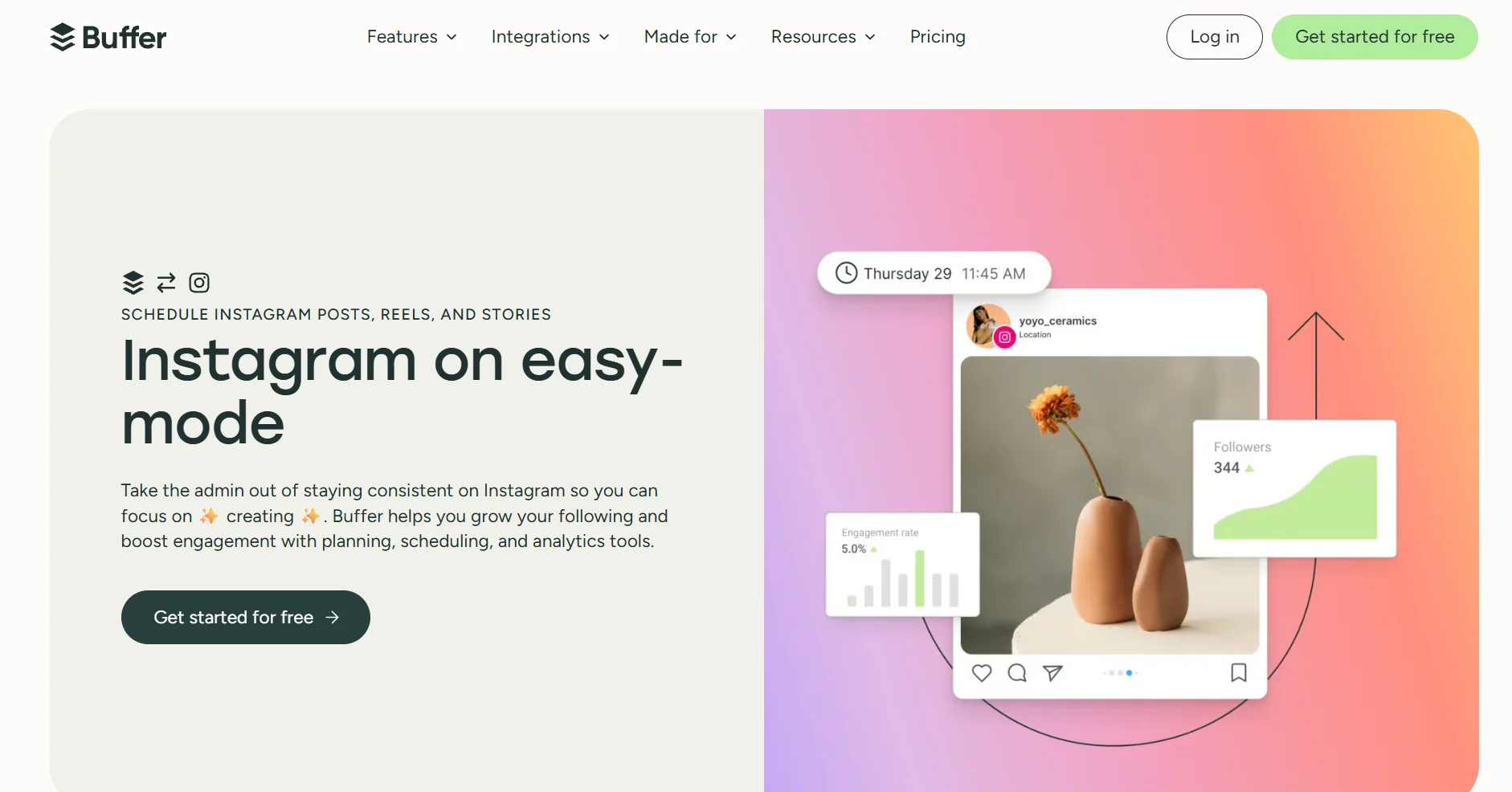 Buffer webpage promoting Instagram scheduling and management, featuring a preview of a scheduled Instagram post alongside follower growth and engagement analytics, with tools for planning,