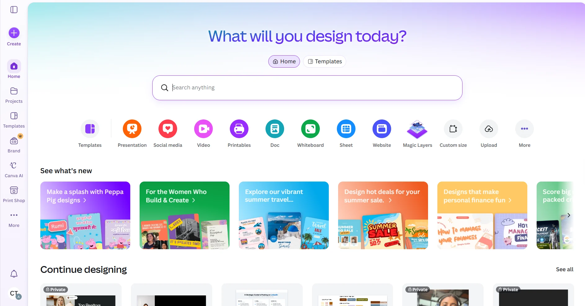 Canva Home dashboard with a “What will you design today” heading, search bar, shortcuts for design formats, featured design collections, and a “Continue designing” section with recent proje