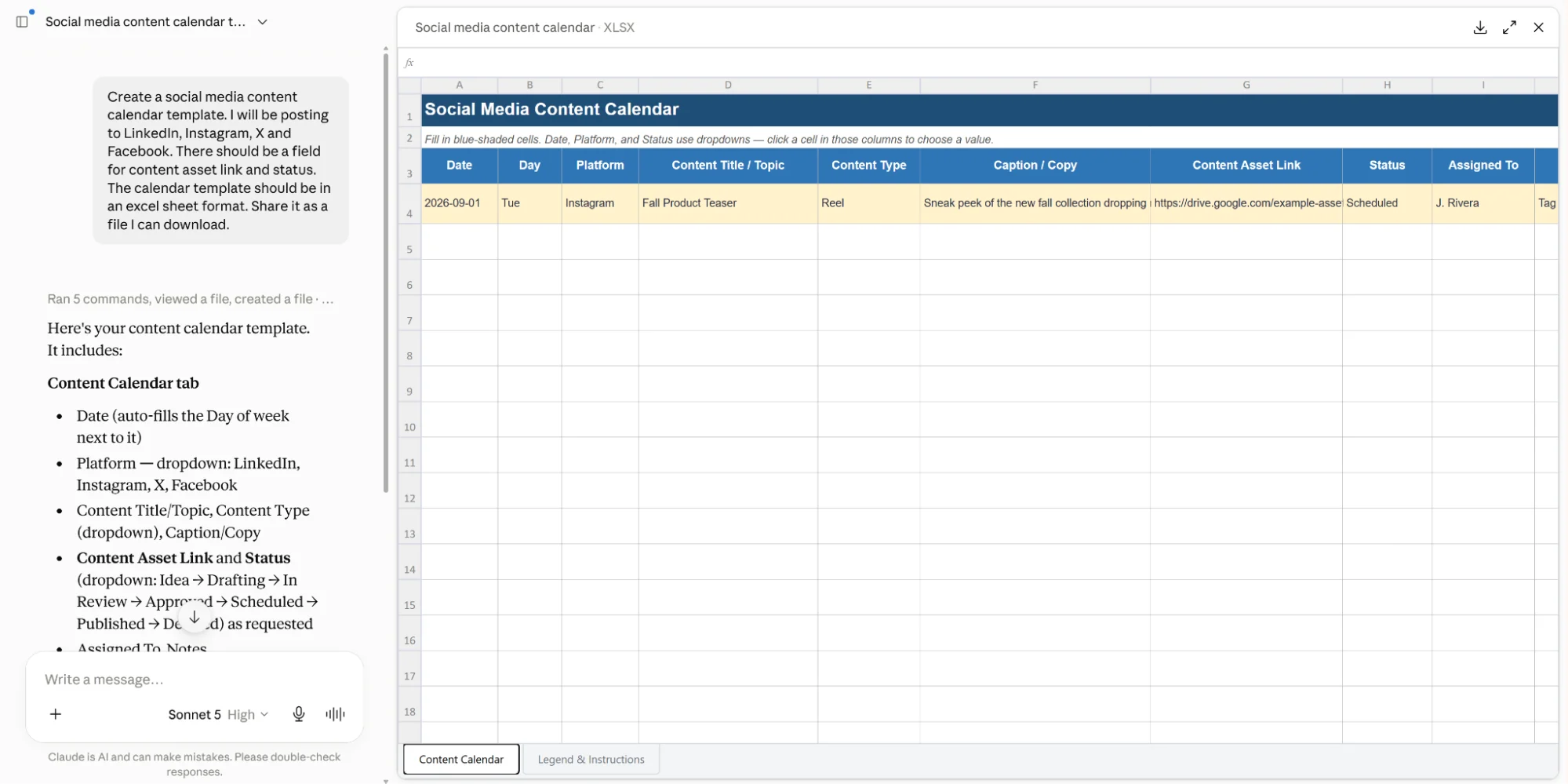 Claude-generated custom social media content planner in Excel format