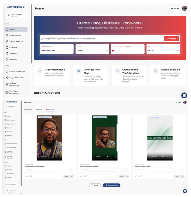 Distribution.ai dashboard showing tools for turning a YouTube video into shorter clips, a summary, and show notes with recent video content creations displayed below.