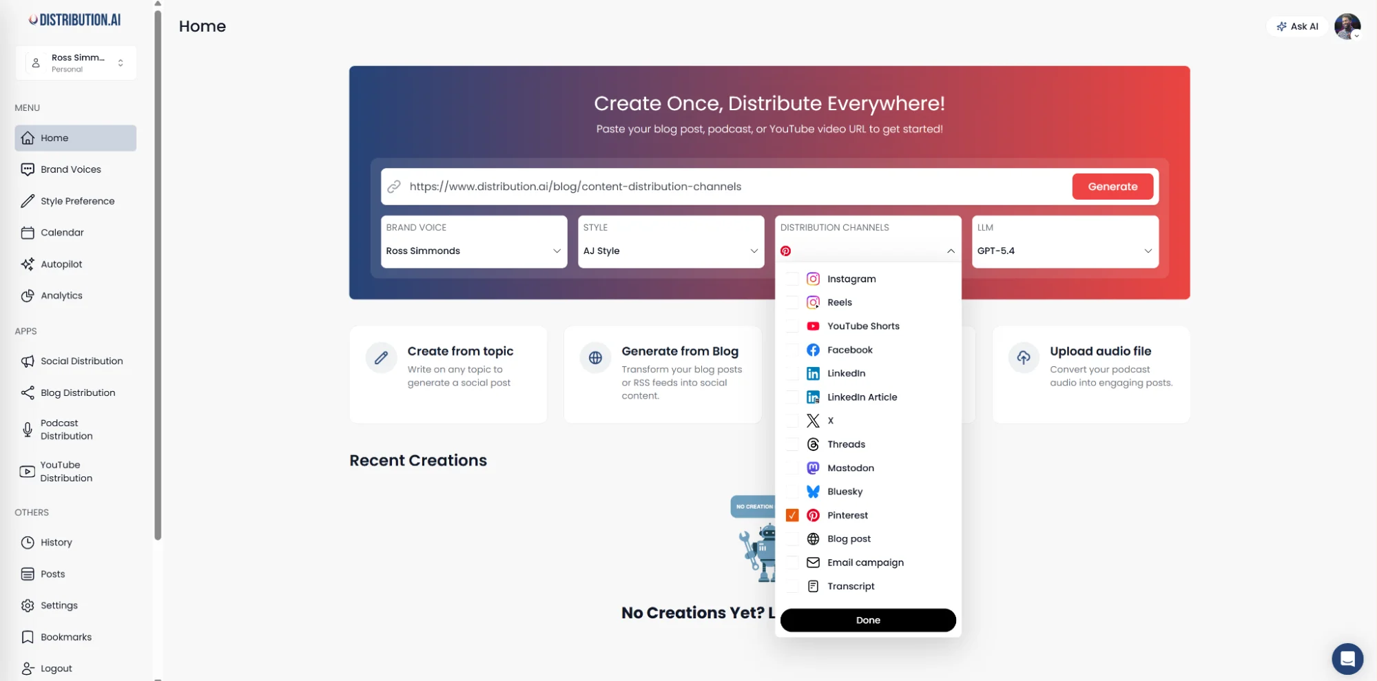 Distribution.ai repurposing a published article for Pinterest.