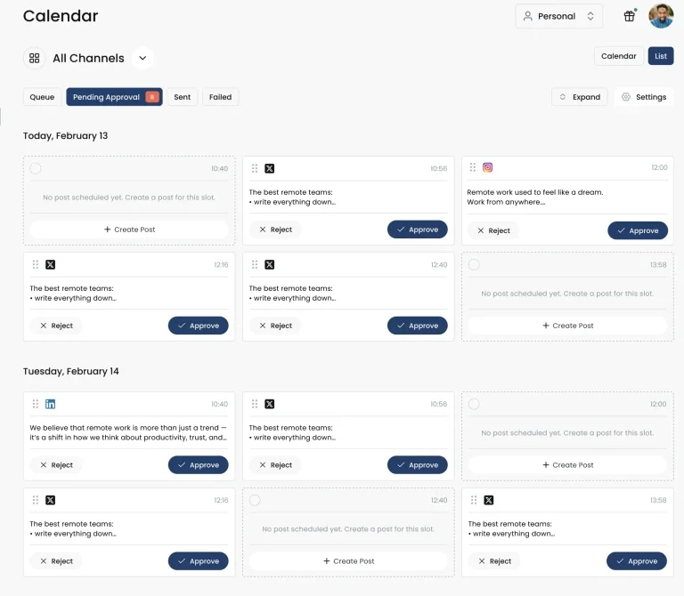 Distribution.ai’s content calendar showing content approval status
