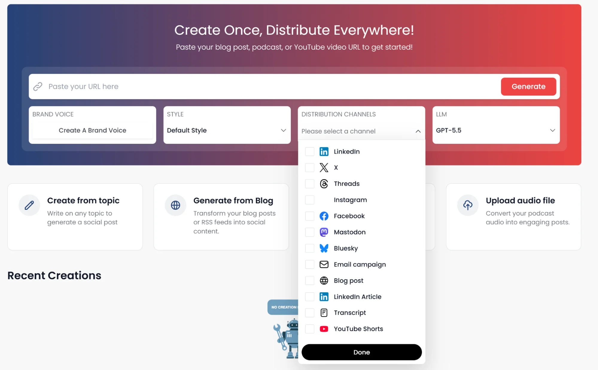 Distribution.ai’s interface showing the social networks support