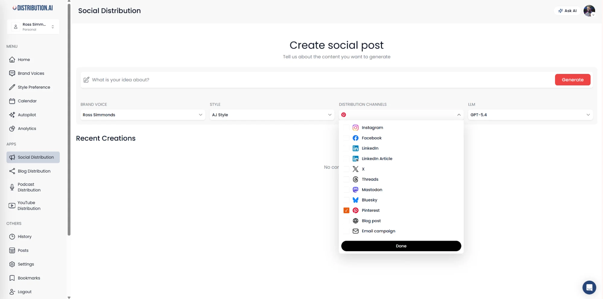 Distribution.ai’s social post generator for Pinterest