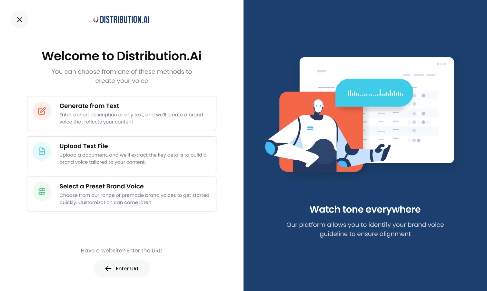 Distribution.ai’s voice setup screen to define brand tonality