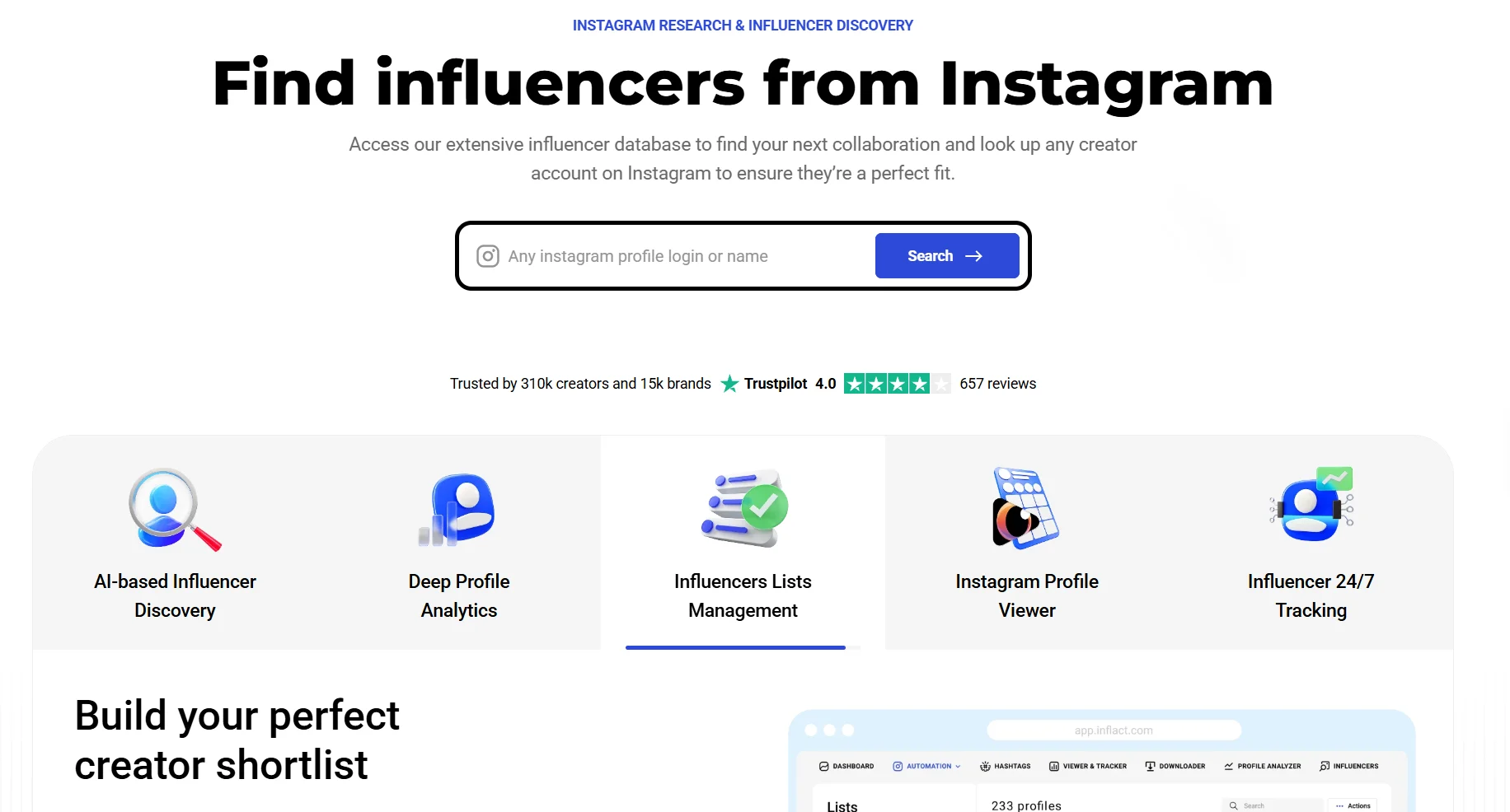 Inflact Instagram influencer discovery page featuring an Instagram profile search bar and tools for AI-based influencer discovery, profile analytics, influencer list management, profile vie