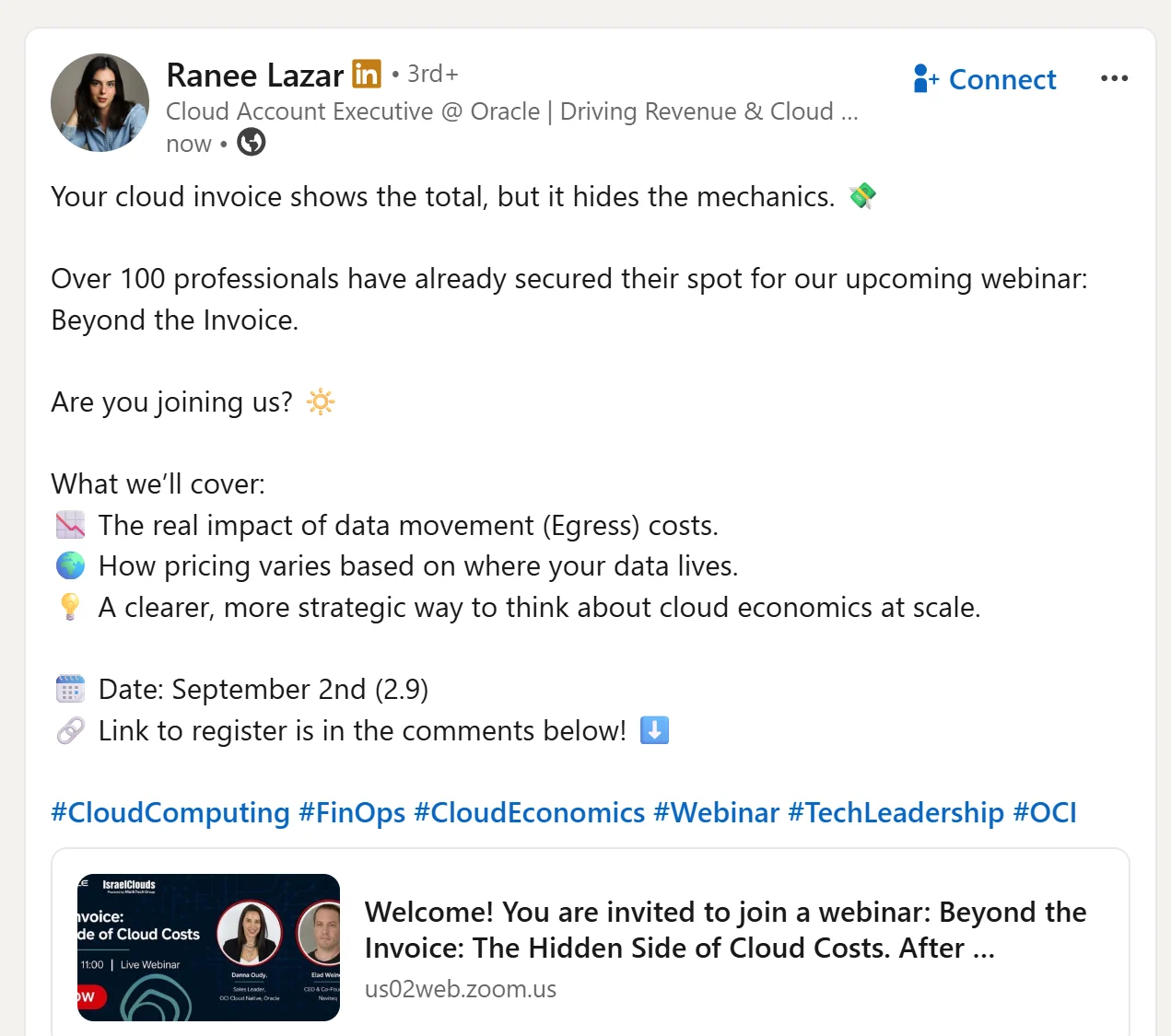LinkedIn post announcing a webinar for cloud computing economics