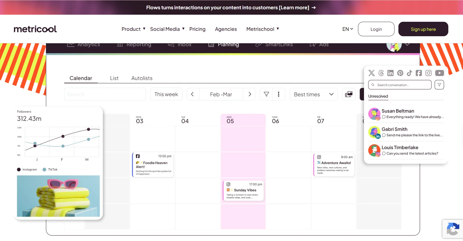 Metricool social media management dashboard showing a content calendar, follower analytics, scheduled posts, and an inbox with social media conversations.