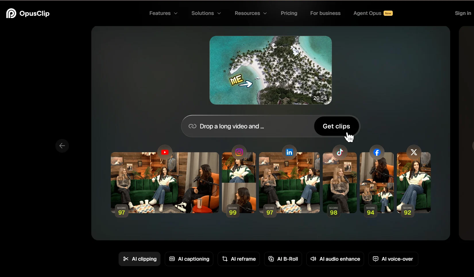 OpusClip website showing its AI video clipping interface, with automatically generated clips and tools for clipping, captioning, reframing, and more. (2)