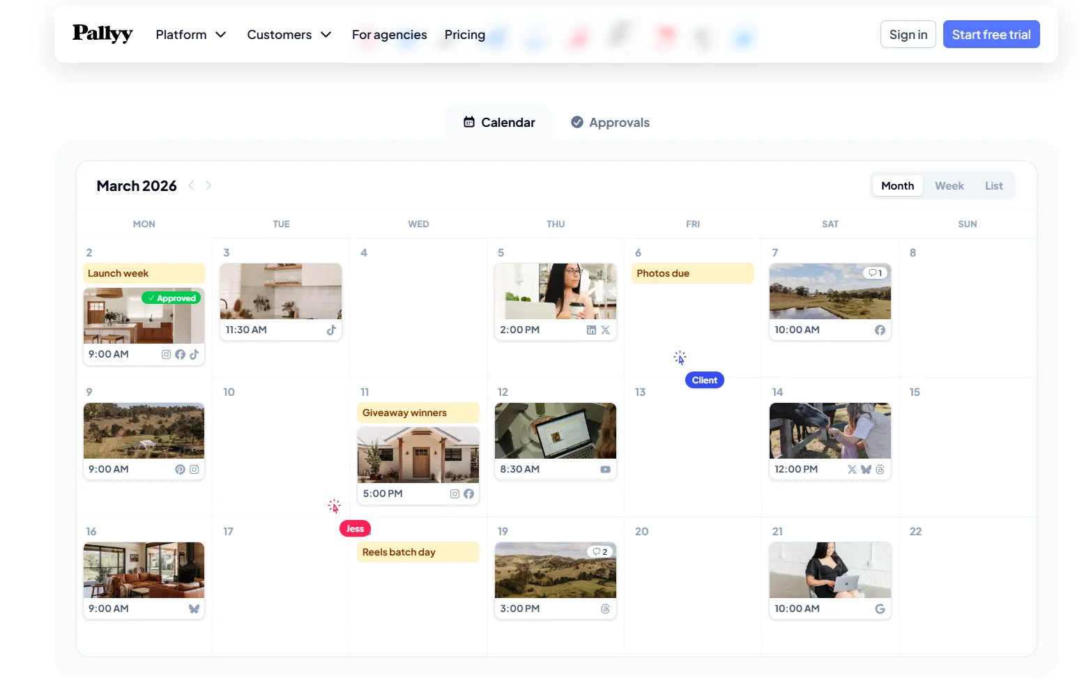 Pallyy social media management dashboard featuring a March 2026 content calendar with scheduled posts, images, publishing times, approval statuses, and campaign reminders.
