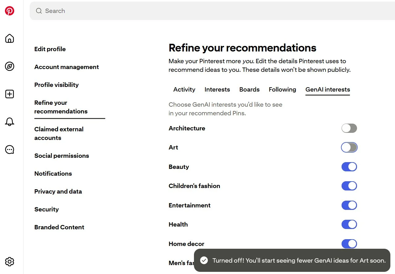Pinterest account settings for GenAI content recommendations