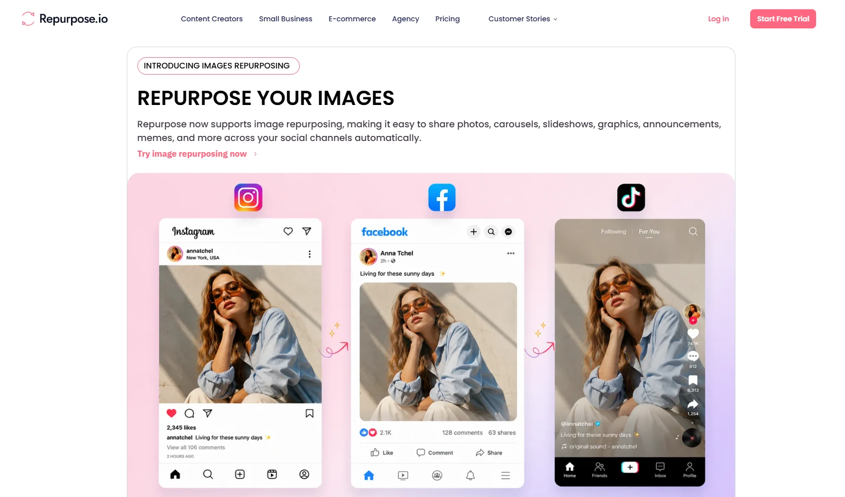 Repurpose.io webpage showcasing its image repurposing feature, which adapts a photo for Instagram, Facebook, and TikTok, enabling content creators to share images across multiple social pla