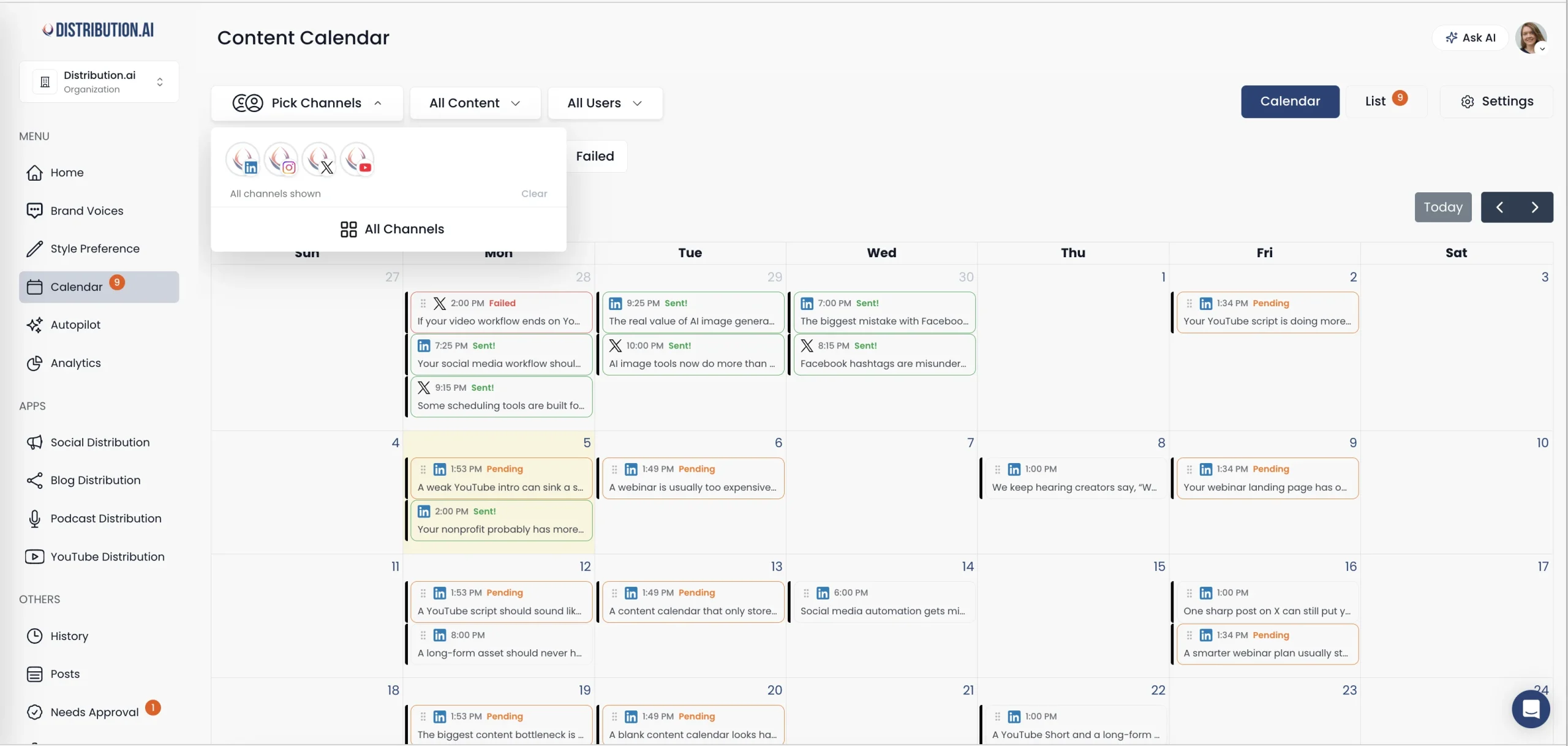 Distribution.ai dashboard showing distribution channel options for Instagram, Facebook, LinkedIn, X, Threads, blog posts, email campaigns, and other content formats.
