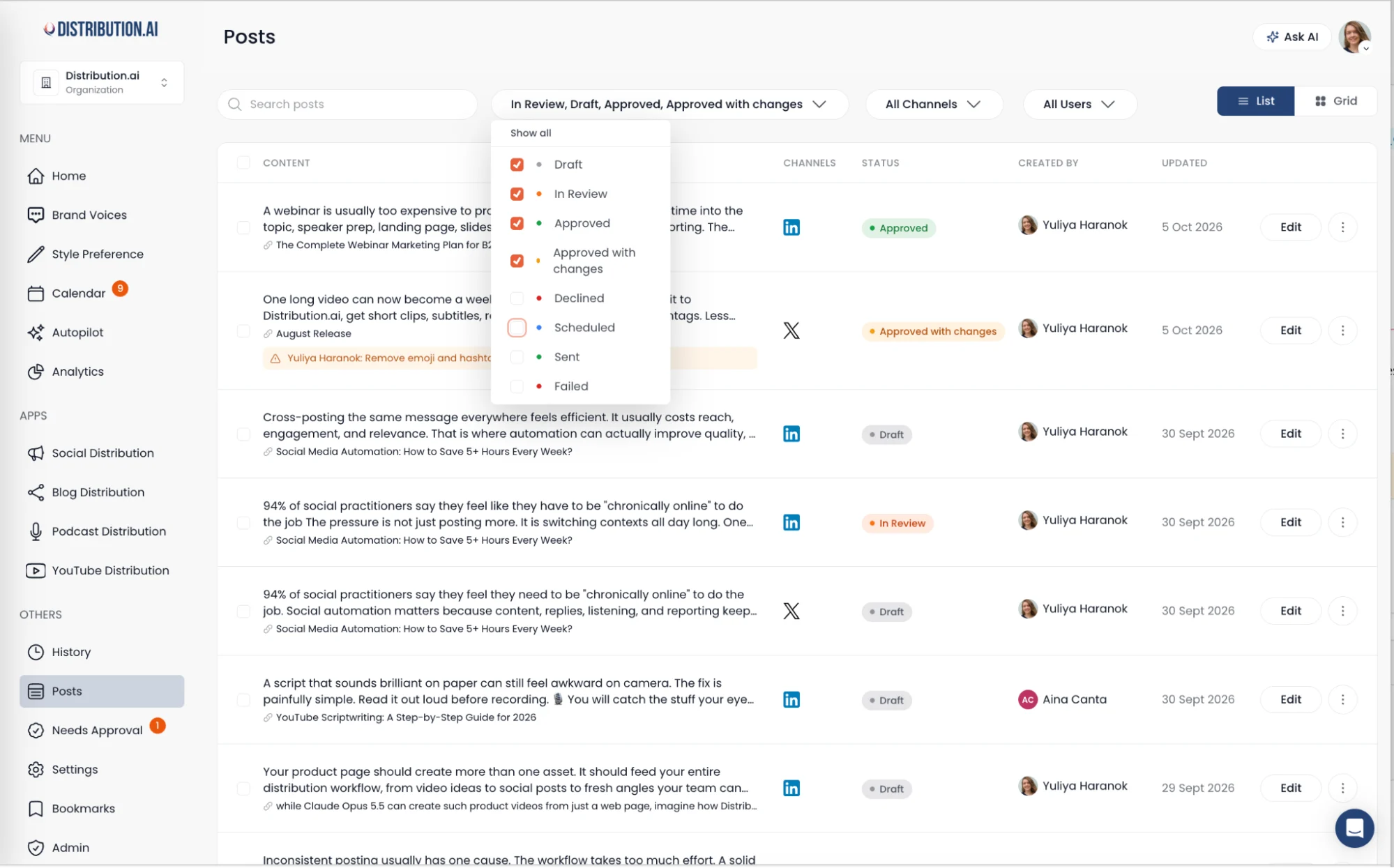 Distribution.ai’s Posts page with a status filter dropdown open, showing checkboxes for Draft, In Review, Approved, and Approved with changes, alongside posts labeled Approved, Approved with changes, In Review, and Draft.