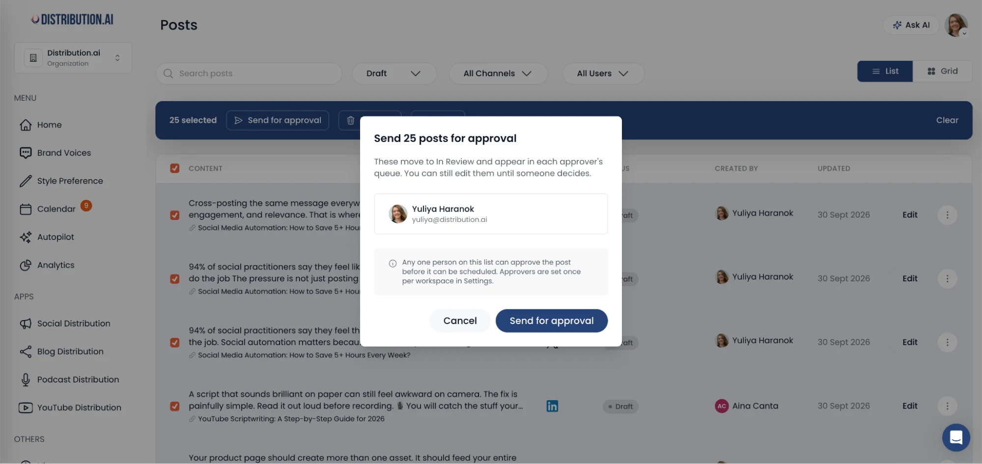 Distribution.ai’s "Send 25 posts for approval" confirmation dialog, showing approver and the rule that any one approver can clear a post before scheduling.
