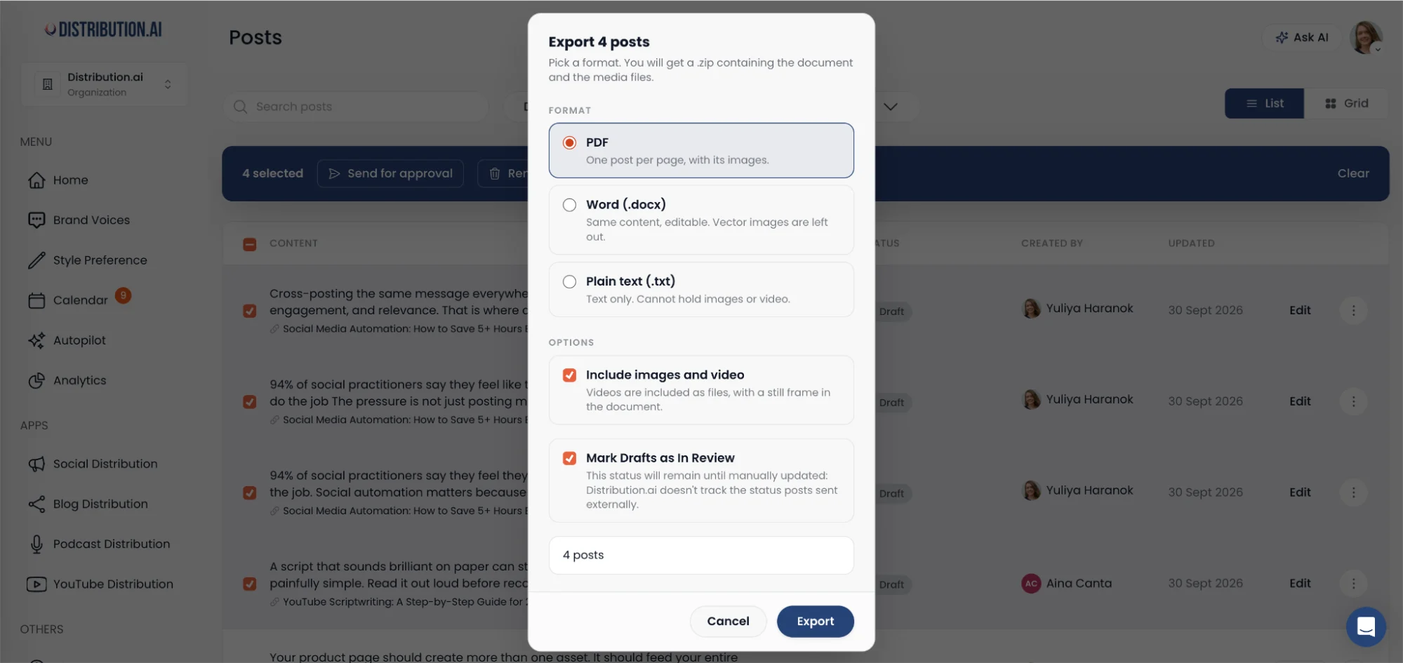Distribution.ai’s "Export 4 posts" dialog showing PDF selected as the format, with "Include images and video" and "Mark Drafts as In Review" checked.