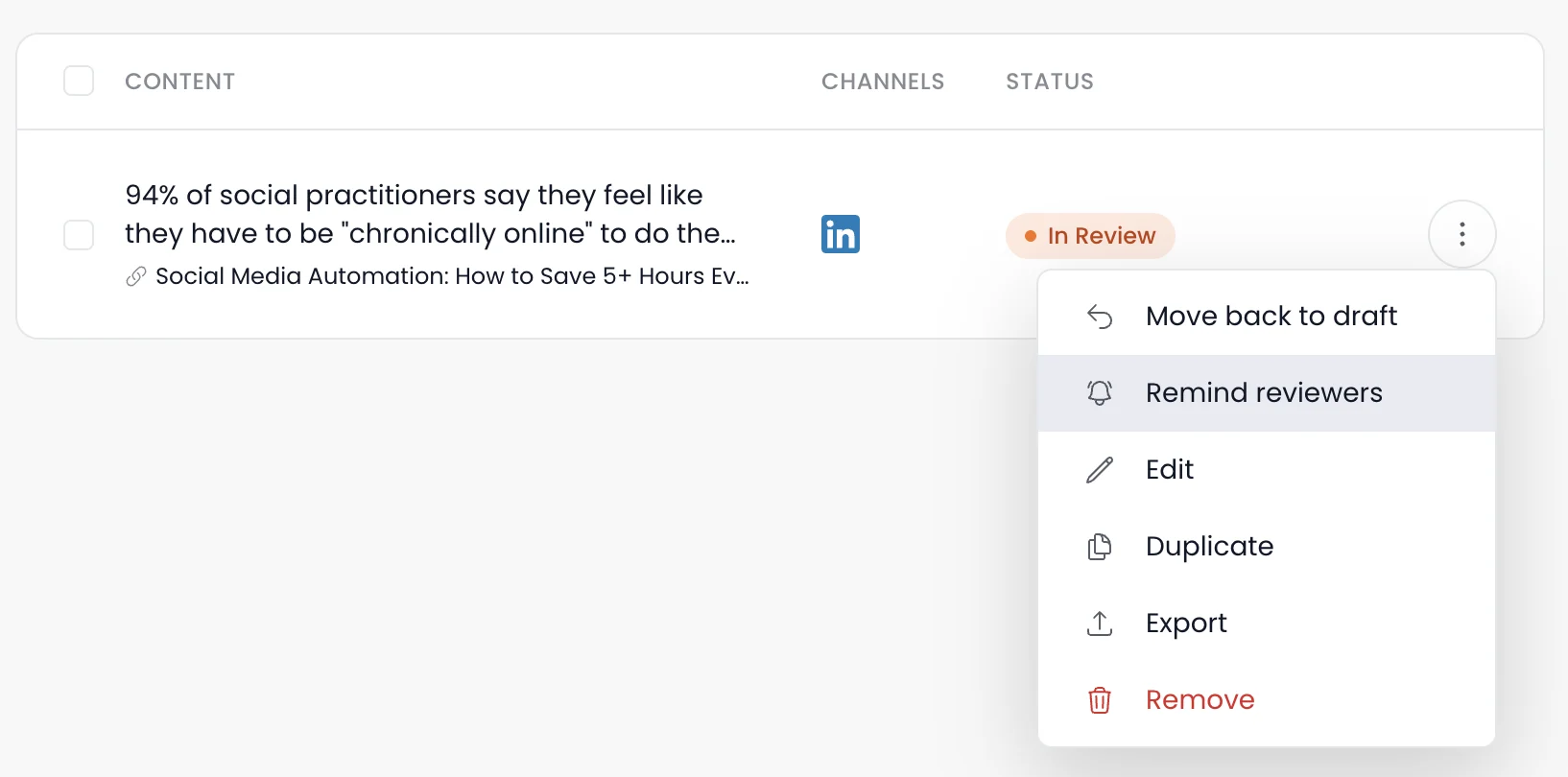 Distribution.ai’s post menu open on an "In Review" LinkedIn post, showing the "Remind reviewers" option above Edit, Duplicate, Export, and Remove.