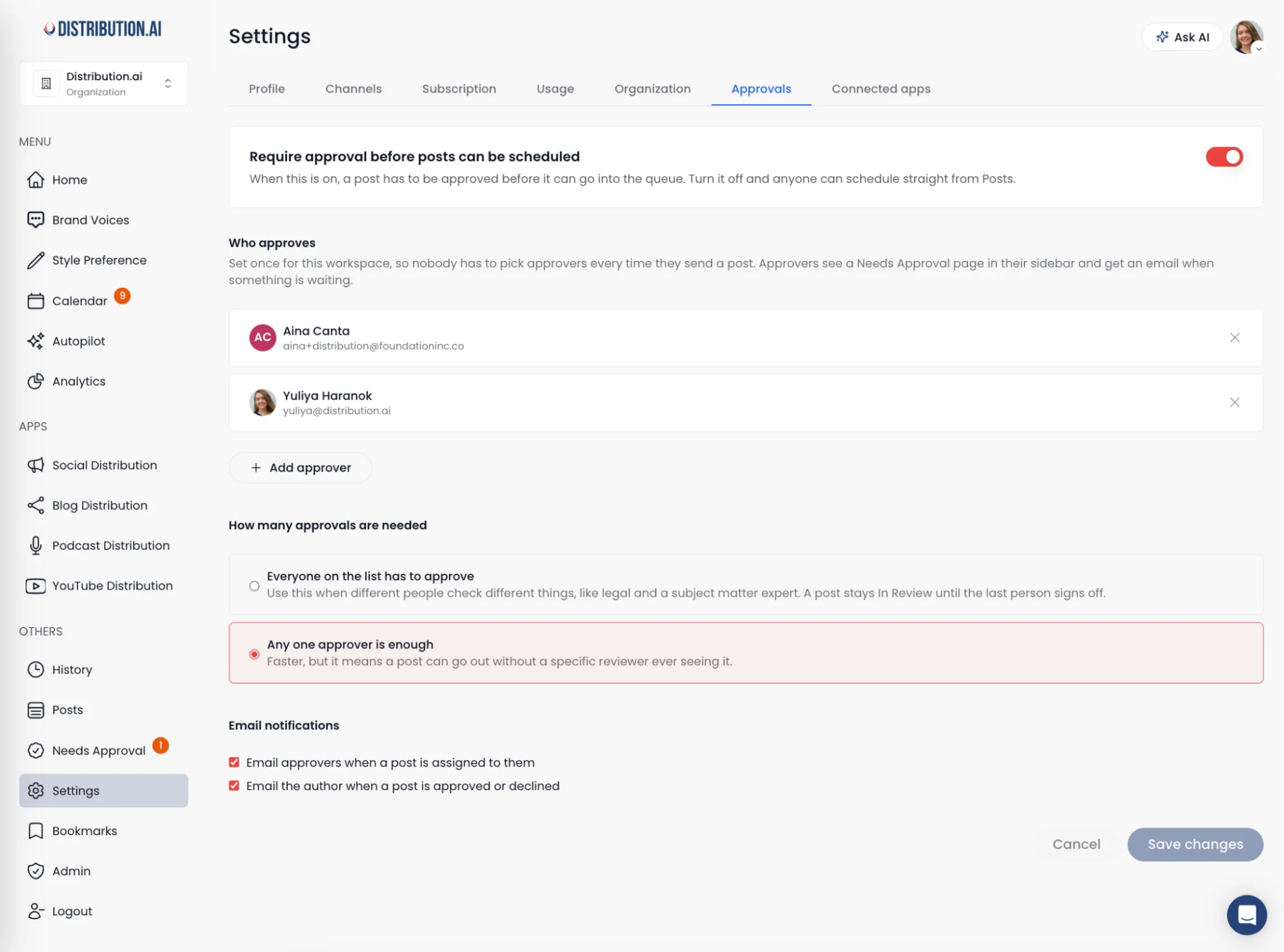 Distribution.ai’s “Settings page” showing the Approvals tab with "Require approval before posts can be scheduled" toggled on, two approvers listed, and "Any one approver is enough" selected under approval rules.